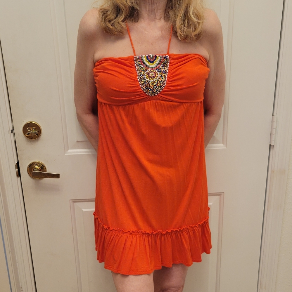 Arielle halter summer mini dress size L orange soft rayon hand wash sun's small